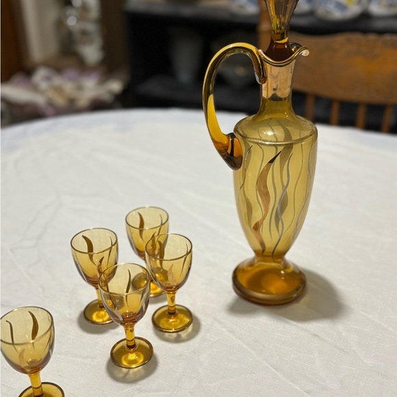 Vintage Amber Glass Decanter Set with Glasses - Picture 6 of 13